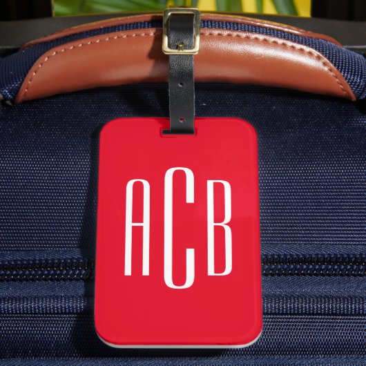 Rood en Wit Verticaal Driedelige Monogram Bagagelabel (Voorkant Insitu 2)
