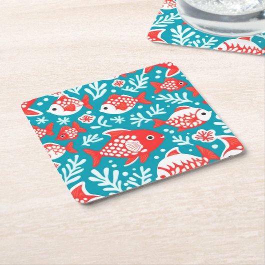 Rood en wit vispatroon blauw kartonnen onderzetters (Schuin)