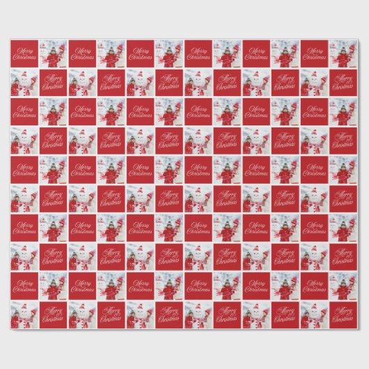 Rood en wit Vrolijk Kerstfeest Custom Photo Holida Cadeaupapier (Vlak)
