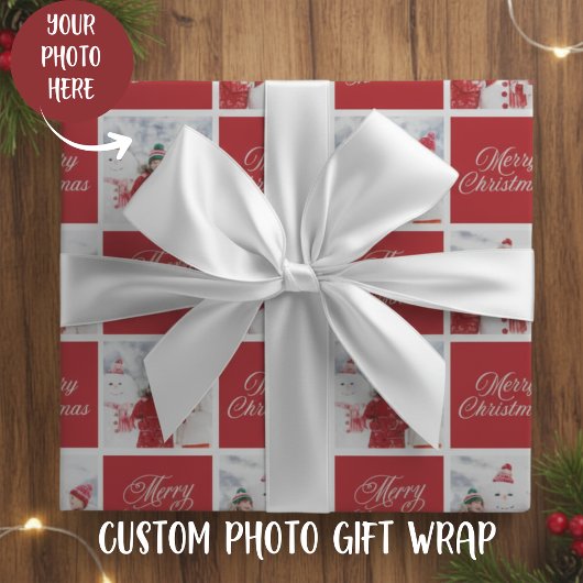Rood en wit Vrolijk Kerstfeest Custom Photo Holida Cadeaupapier