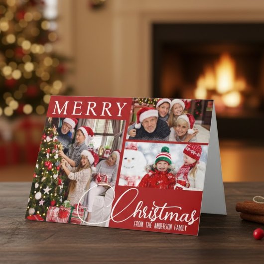 Rood en wit Vrolijk Kerstfeest Drie Foto Classic Feestdagen Kaart