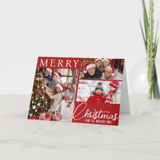Rood en wit Vrolijk Kerstfeest Drie Foto Classic Feestdagen Kaart (Voorkant)