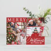 Rood en wit Vrolijk Kerstfeest Drie Foto's Feestel Feestdagenkaart (Staand voorkant)