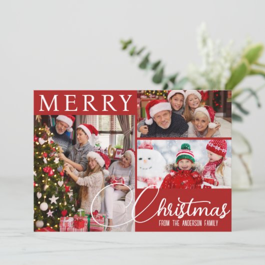 Rood en wit Vrolijk Kerstfeest Drie Foto's Feestel Feestdagenkaart (Staand voorkant)