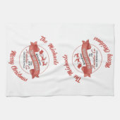 Rood en Wit Vrolijk Kerstfeest Gepersonaliseerd Theedoek (Horizontaal)