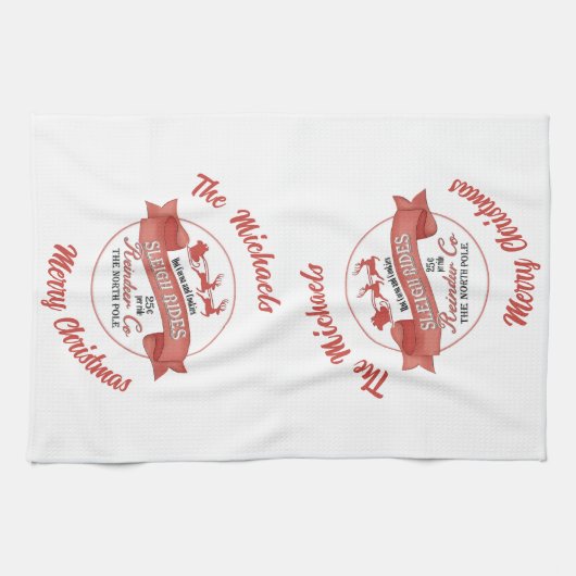 Rood en Wit Vrolijk Kerstfeest Gepersonaliseerd Theedoek (Horizontaal)