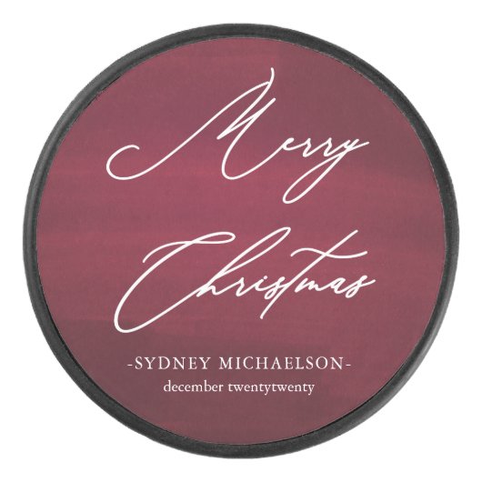 Rood en Wit Vrolijk Kerstfeest met Naam en Jaar Hockey Puck (Voorkant)