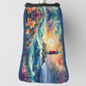 Rood en wit Vuurtoren Bloementuin Stormachtig Zee Golfheadcover (Draai 90)