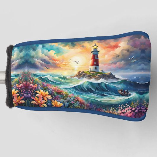 Rood en wit Vuurtoren Bloementuin Stormachtig Zee Golfheadcover (Voorkant)