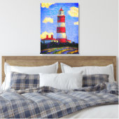 Rood en wit vuurtoren boven de velden Lavender Canvas Afdruk (Insitu (Slaapkamer))