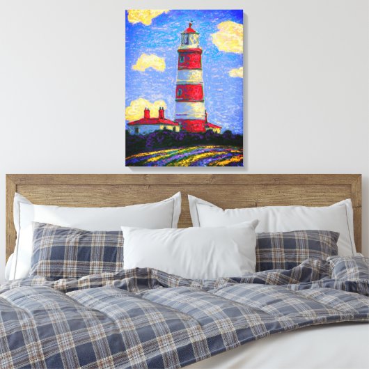 Rood en wit vuurtoren boven de velden Lavender Canvas Afdruk (Insitu (Slaapkamer))