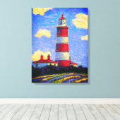 Rood en wit vuurtoren boven de velden Lavender Canvas Afdruk (Insitu (Houten vloer))