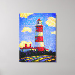 Rood en wit vuurtoren boven de velden Lavender Canvas Afdruk