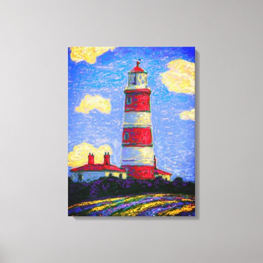 Rood en wit vuurtoren boven de velden Lavender Canvas Afdruk (Voorkant)