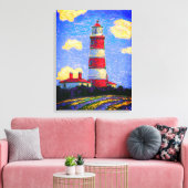 Rood en wit vuurtoren boven de velden Lavender Canvas Afdruk (Insitu (Woonkamer))