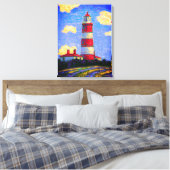 Rood en wit vuurtoren boven de velden Lavender Canvas Afdruk (Insitu (Slaapkamer))