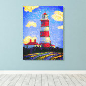 Rood en wit vuurtoren boven de velden Lavender Canvas Afdruk (Insitu (Houten vloer))