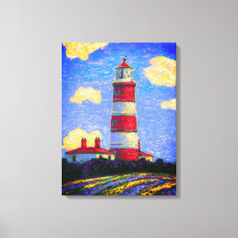 Rood en wit vuurtoren boven de velden Lavender Canvas Afdruk