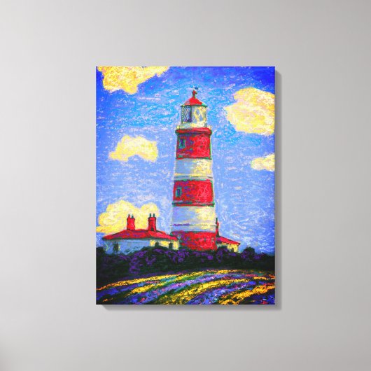 Rood en wit vuurtoren boven de velden Lavender Canvas Afdruk (Voorkant)