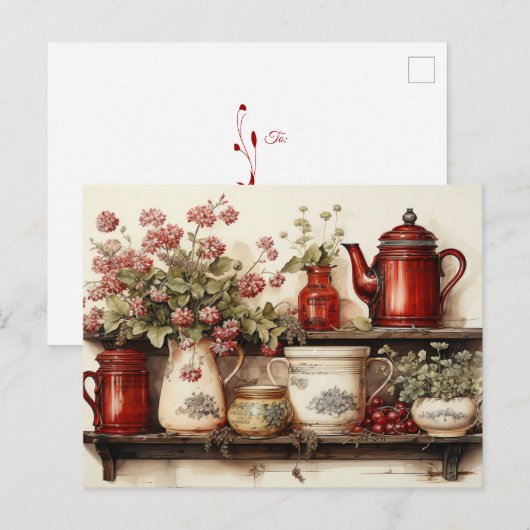 Rood en Wit Waterverf Landelijke Keuken Briefkaart (Voorkant / Achterkant)