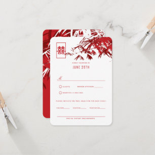 Rood en wit Zen Bamboo laat Chinees huwelijk RSVP Kaart