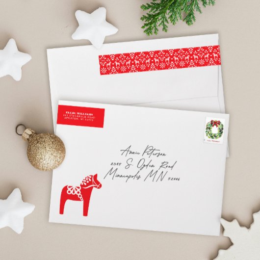 Rood en wit Zweeds Dala Horse Retouradres