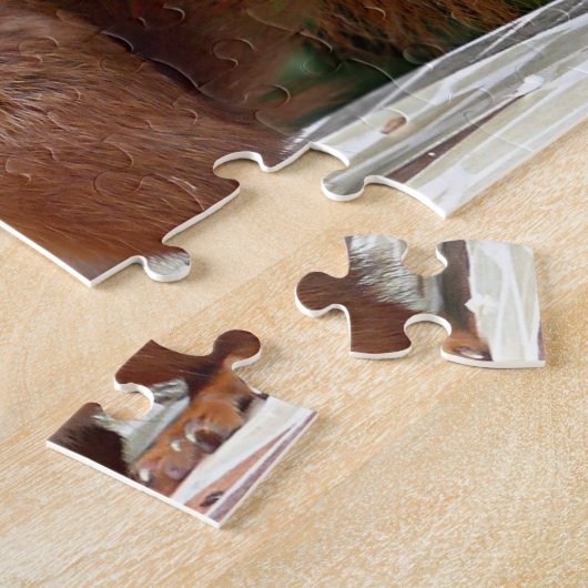 Rood- en witeekhoorn met rode bloem-Struik Legpuzzel (Zijkant)