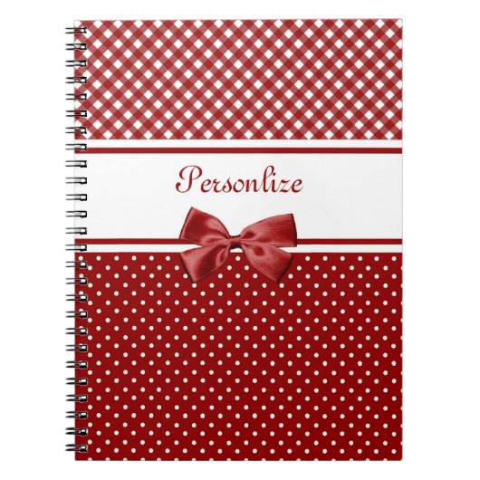 Rood- en witgingham- en pooldots met naam notitieboek (Voorkant)