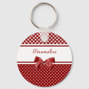 Rood- en witgingham- en pooldots met naam sleutelhanger