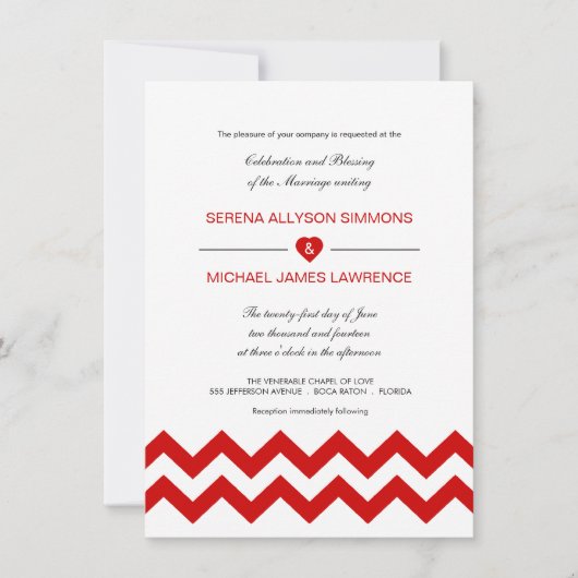Rood- en witmoderne Chevron Wedding-uitnodigingen Kaart (Voorkant)