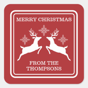 Rood- en witrendieren en sneeuwvlokken kerst vierkante sticker