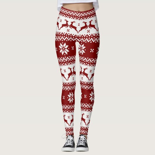 Rood- en witrendieren en snowflakes kerst leggings (Voorkant)