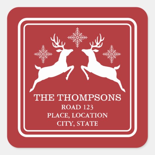 Rood- en witrendieren met sneeuwvlokken en tekst vierkante sticker (Voorkant)