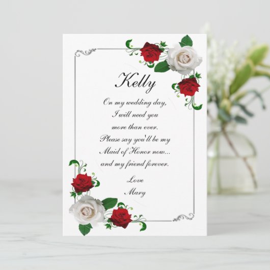 Rood- en witrozen kerstbruiloft met eerbewijs kaart (Staand voorkant)