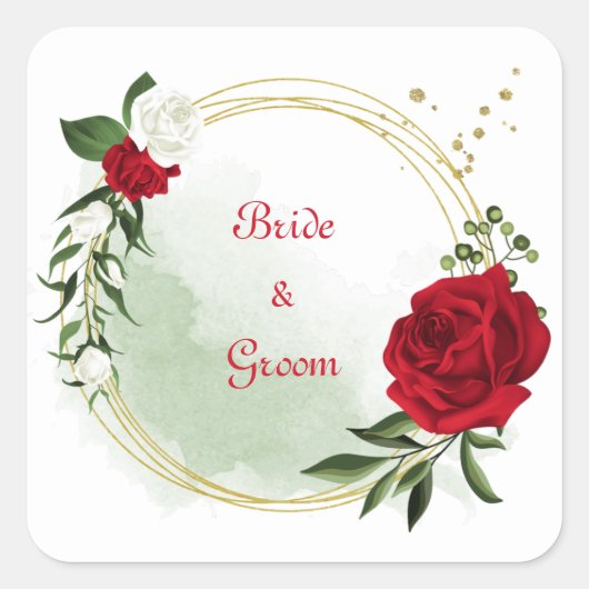 Rood- en witte bloemen groenachtig goud vierkante sticker (Voorkant)