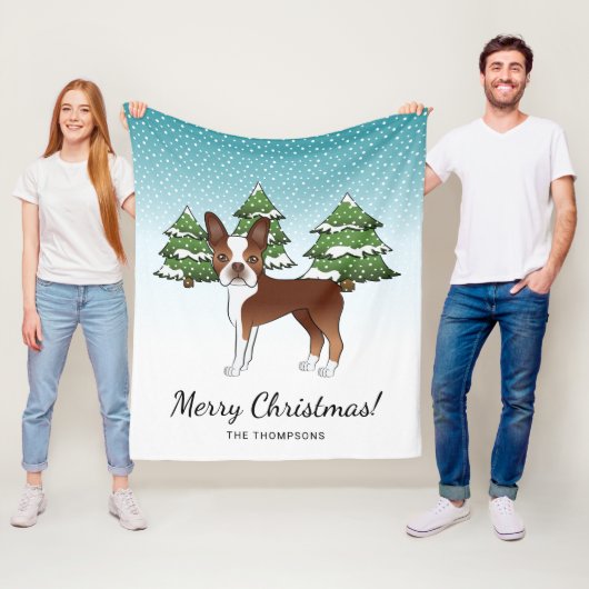 Rood- en witte Boston Terrier in een winterbos Fleece Deken (In situ)