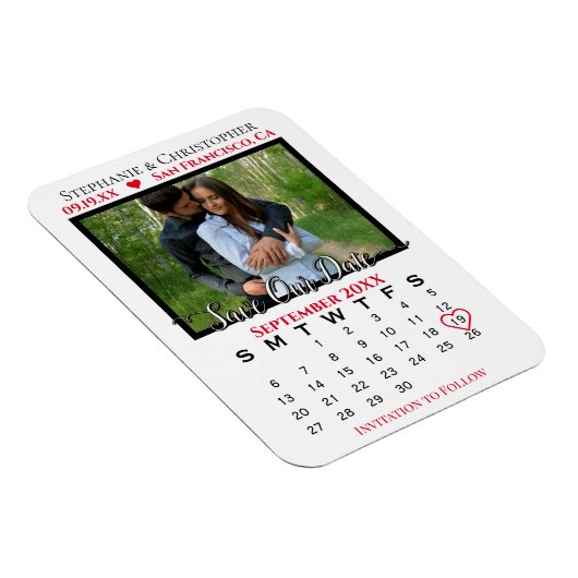 Rood- en witte fotokalender bespaart onze datum br magneet (Rechterzijde)