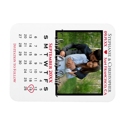 Rood- en witte fotokalender bespaart onze datum br magneet (Horizontaal)