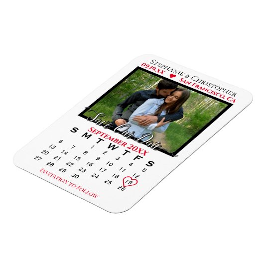 Rood- en witte fotokalender bespaart onze datum br magneet (Linkerzijde)