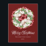 Rood- en witte kerst-kerstkaart<br><div class="desc">Grote feestelijke witte bloemen zijn omgeven door wintergroen en rode en witte bessen.</div>