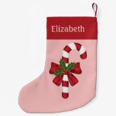 Rood- en witte kerstsnoepriet en aangepaste naam kleine kerstsok (Achterkant)