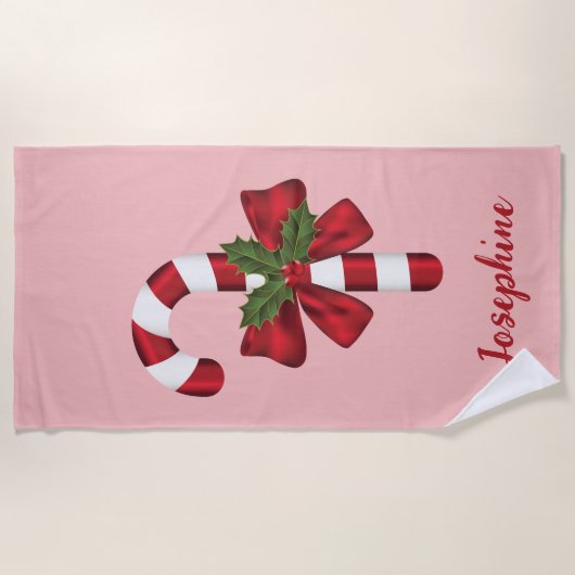 Rood- en witte kerstsnoepriet en aangepaste naam strandlaken (Voorkant)