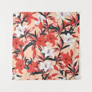 Rood- en witte Lily-bloemen botanisch naadloos Wandkleed