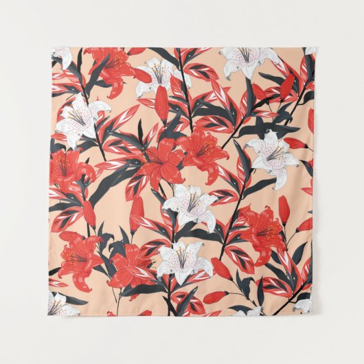 Rood- en witte Lily-bloemen botanisch naadloos Wandkleed (Voorkant)