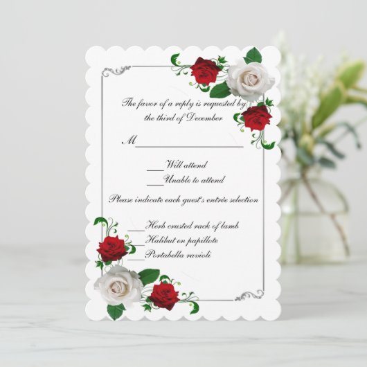 Rood- en witte rozen met een kerstkaartje kaart (Staand voorkant)