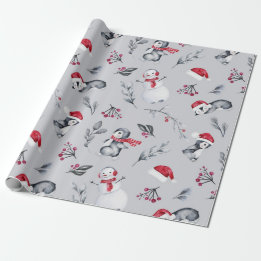 Rood- en wittebachenpinguïns en Snowmen Silver Cadeaupapier