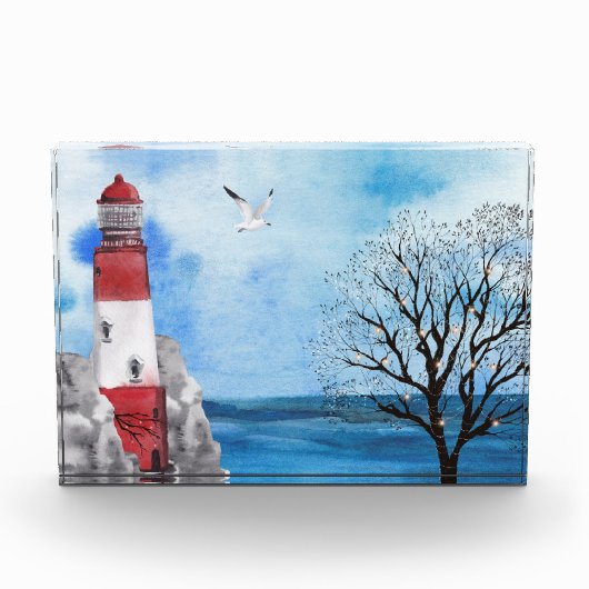 Rood- en witvuurtoren: Nautical Waterverf Scene Fotoblokken (Voorkant)