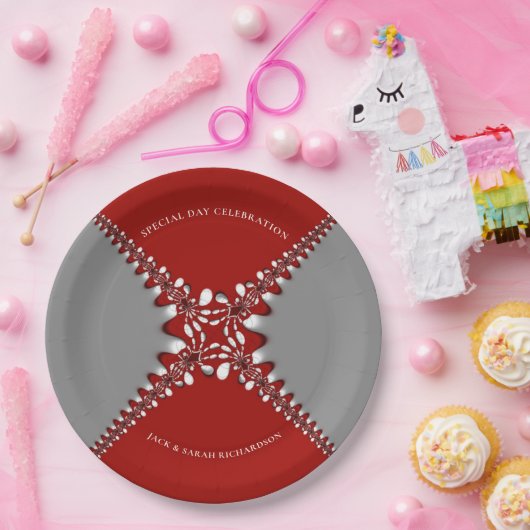 Rood en Zilver Batik Fractal Lace Papieren Bordje (Feest)