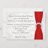 Rood en zilver Damask Diamond Bow Wedding Kaart (Voorkant)