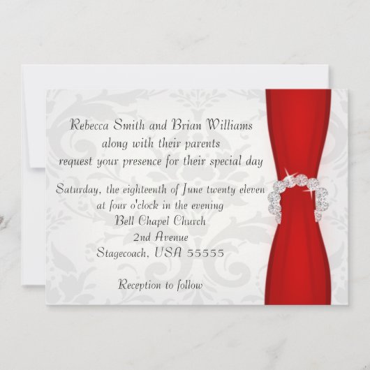 Rood en zilver Damask Diamond Bow Wedding Kaart (Voorkant)